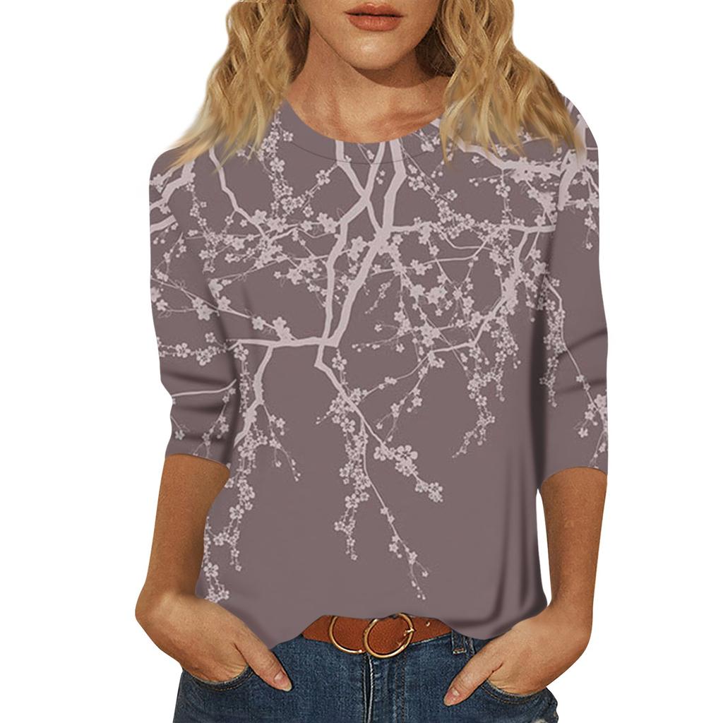 Women's Summer Fashion Casual Seven Quarter Sleeves Floral Printed Round Collar High Quality Pullover Top Female Clothes