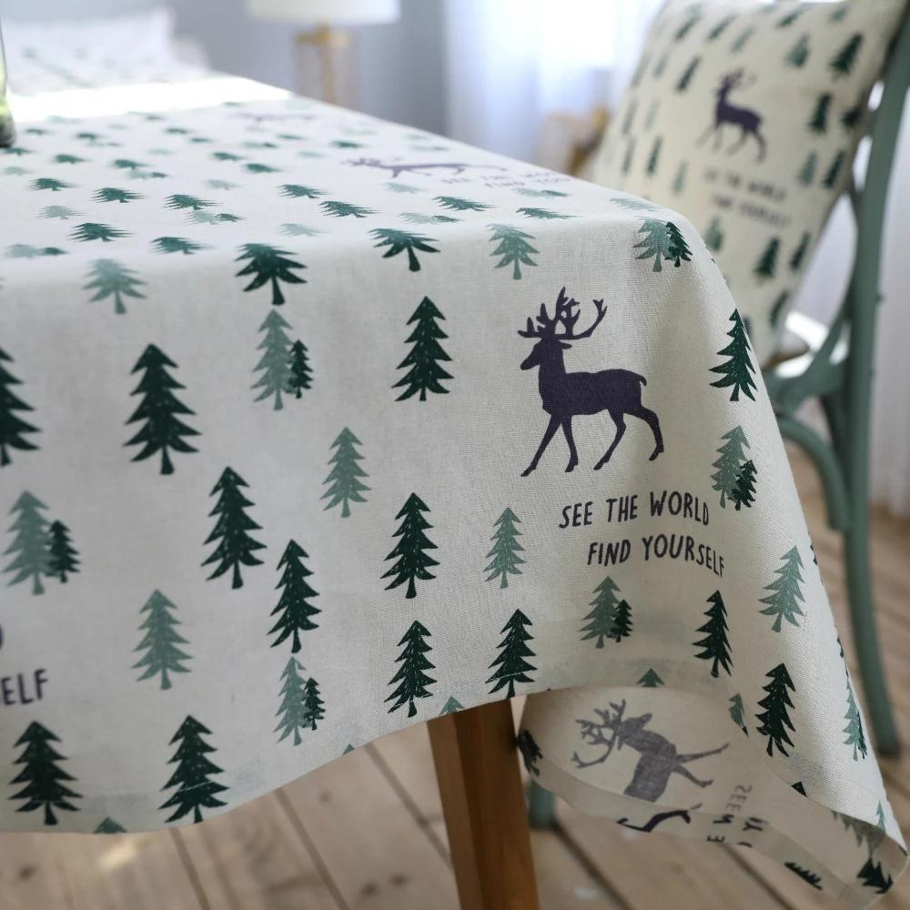 Tablecloth Fresh Green Tree Fawn Washable Coffee Dinner Comfortable Table Cloth For Christmas Wedding Banquet