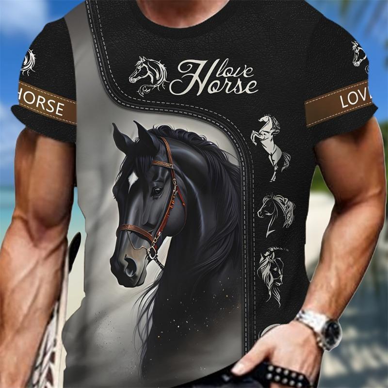 3D Majestic Horse Printing Round Neck Street Fashion T-Shirt Трехмерная печать Horse Мужская креативная футболка с короткими рукавами