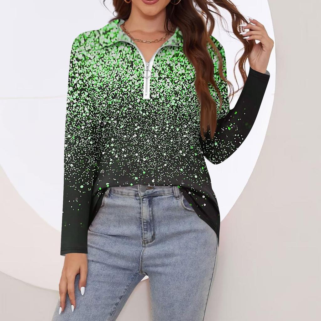 Women's Spring And Autumn Fashion Casual Printed Zipper V-Neck Long Sleeve Shirt Tops