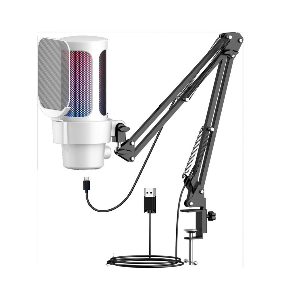 USB Microphone for PC with Boom Arm for Podcast Video, Streaming, Condenser Microphone with Quick Mute, RGB Indicator Light, Shock Absorbing Stand