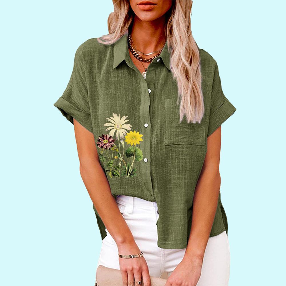 Большие размеры Женская мода цветочный принт блузка повседневная льняная футболка женская свободная рубашка с коротким рукавом на пуговицах