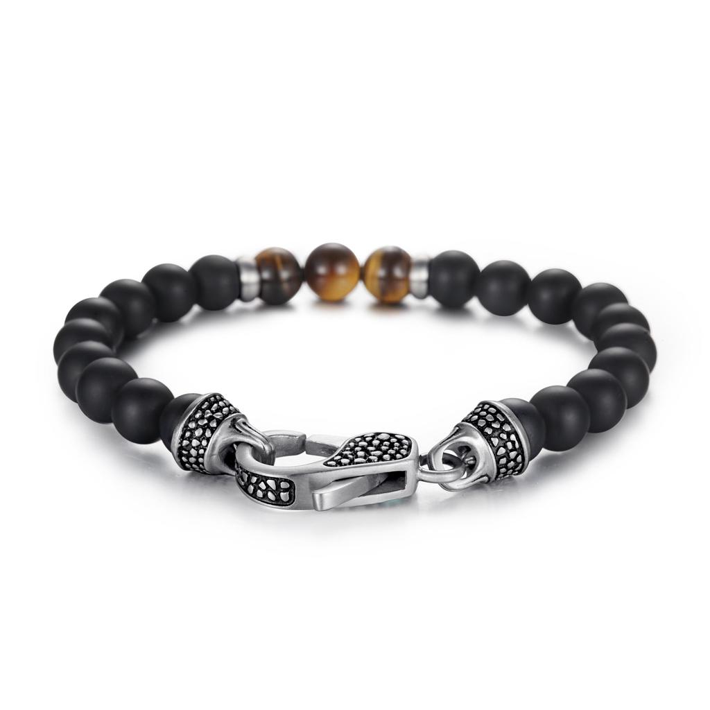 MATT STONE BRACELET     8mm Matt Onyx Stone Bead Bracelet with Reptile Design Lobster Lock, Brown Tiger Eye Stones