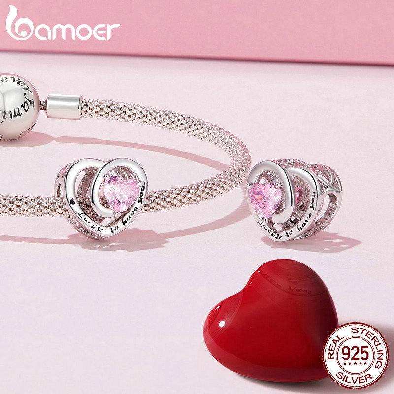 BAMOER стерлингового серебра 925 пробы розовое сердце бусины бабочка подвеска для женщин браслет и ожерелье DIY подарок на День благодарения ювелирные изделия