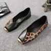 Fashion Autumn New Square Head Shallow Mouth Soft Leather Single Shoes Female Metal Head Leopard Print Low Heel Flat Shoes