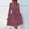 Women's O Neck Long Sleeves Fall Lace Up Print High Waist All Match Dress