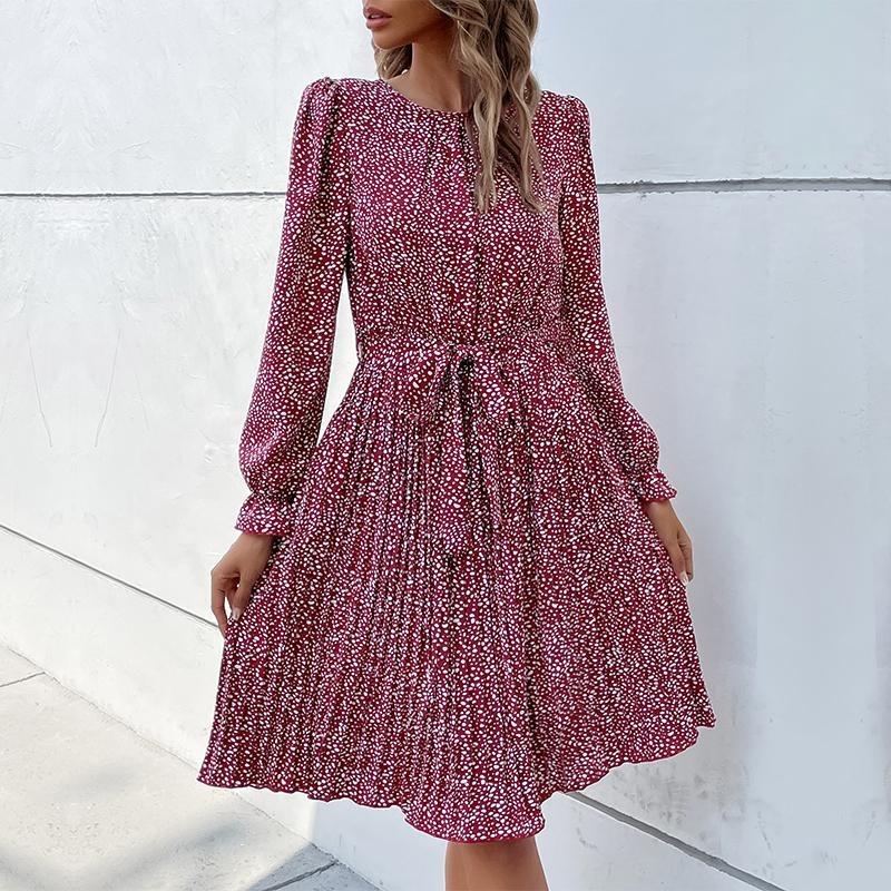 Women's O Neck Long Sleeves Fall Lace Up Print High Waist All Match Dress