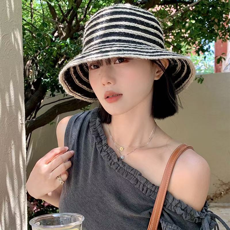 Hemp rope straw striped bucket hat women's summer casual versatile sunscreen basin hat outdoor sun hat straw hat big brim