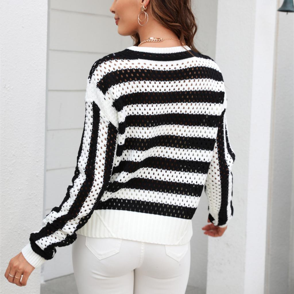 Осень 2023, женский повседневный полосатый свитер с круглым вырезом и длинными рукавами, пуловер большого размера, свитер