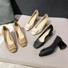 2025 Autumn and Winter Shallow Mouth Single Shoes Women's Black Professional Square Buckle Thick Heel Medium Heel Square Head High Heels Women's