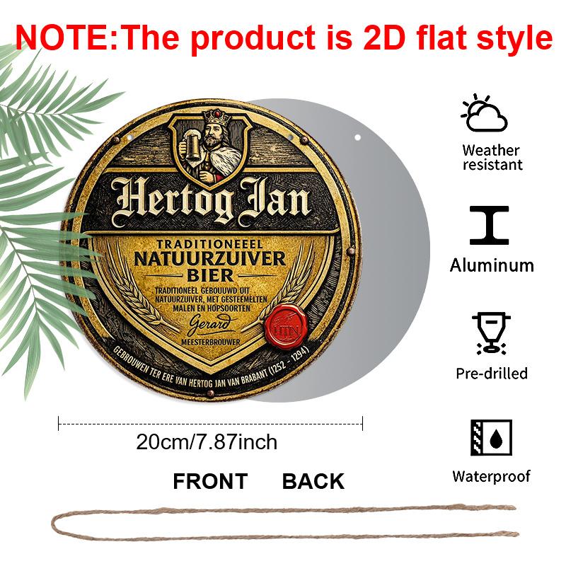 Плоский 2D, 1 шт. Круглый алюминиевый знак пива Hertog Jan, Винтажный голландский дизайн этикетки "Natuurzuiver Bier", Ретро-дизайн с эффектом потертости, Золотой и черный принт, Водонепроницаемый