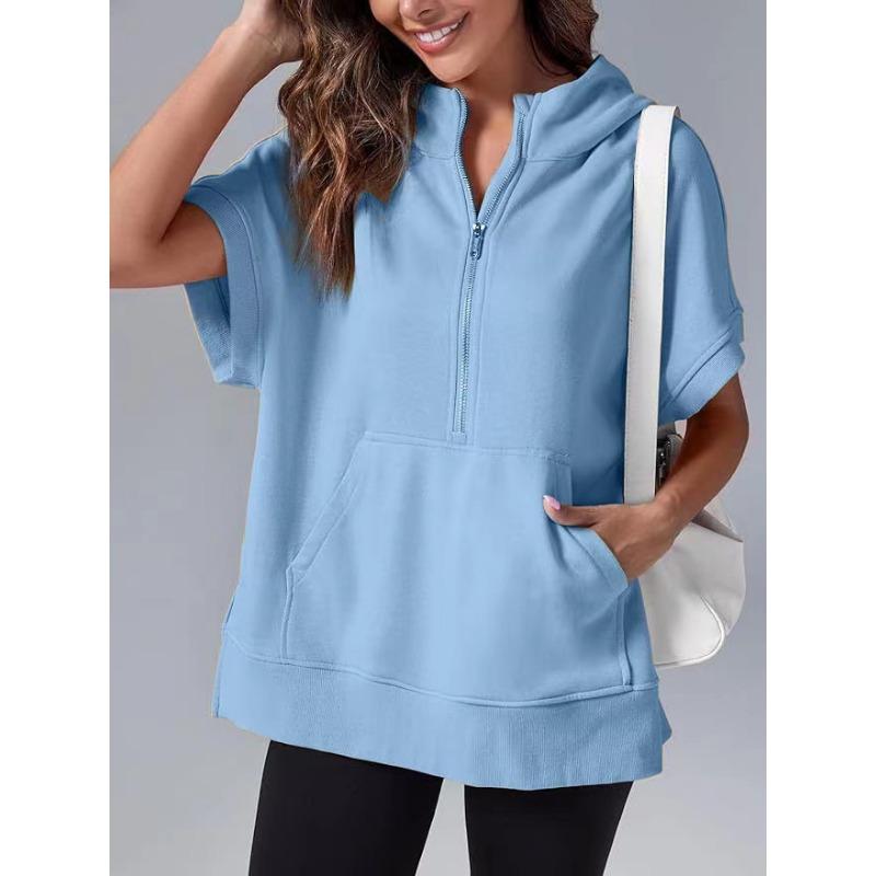 Женская весенняя новая однотонная повседневная толстовка с коротким рукавом и капюшоном