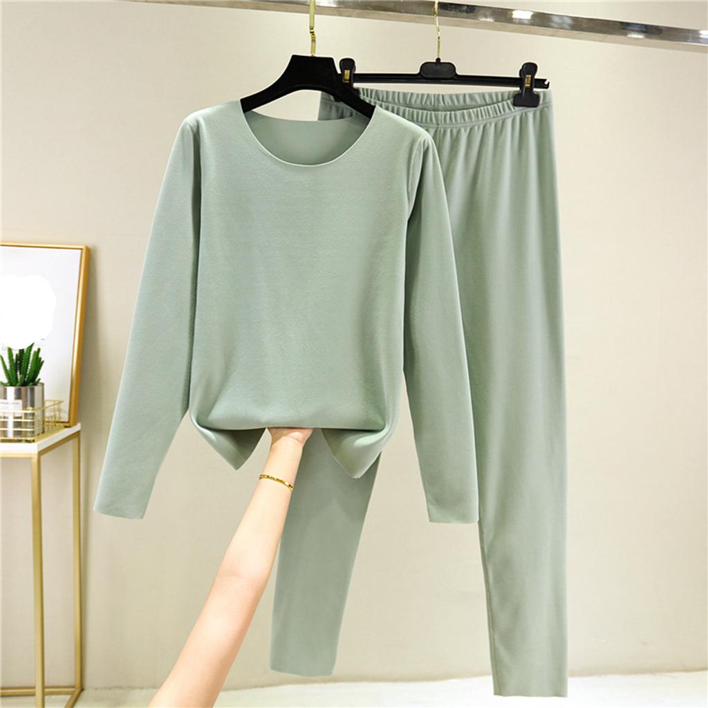 Ladies' Casual And Comfortable Long Sleeved Solid Color With Thick Velvet Sleepwear And Warm Pants Set