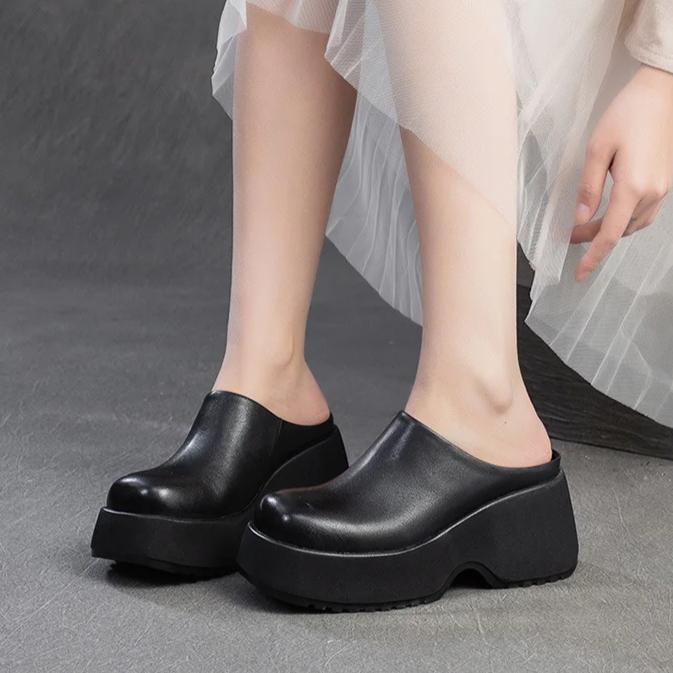 Johnature Тапочки на толстой танкетке с толстой подошвой из натуральной кожи в стиле ретро, однотонные женские туфли на платформе