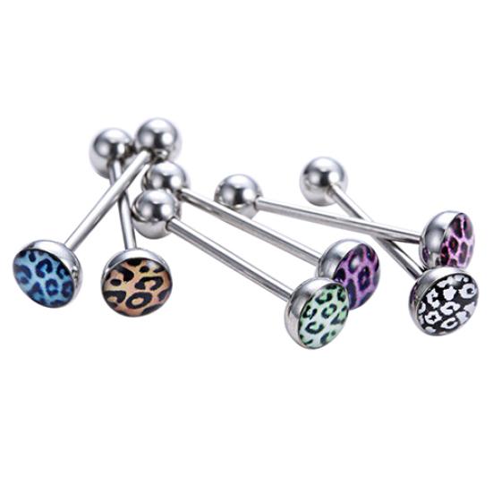 6Pcs Mixed Leopard Ball Barbell Bar Tongue Ring Stainless Steel Body Jewelry