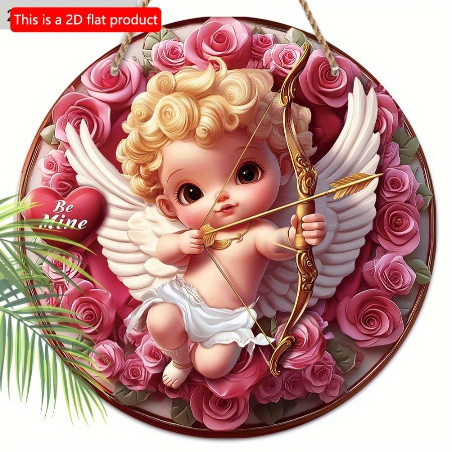 1 шт. 2d плоский очаровательный круглый деревянный знак Купидон и венок - 20 см подарок на День святого Валентина, весенний и фермерский декор для дома, стены и двери
