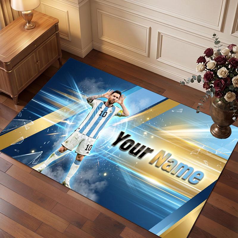 Lionel Messi Custom Crystal Velvet Rug, Personalized Name Text Print, Football Logo Soft Non‑Slip Floor Mat Home Decor Gift