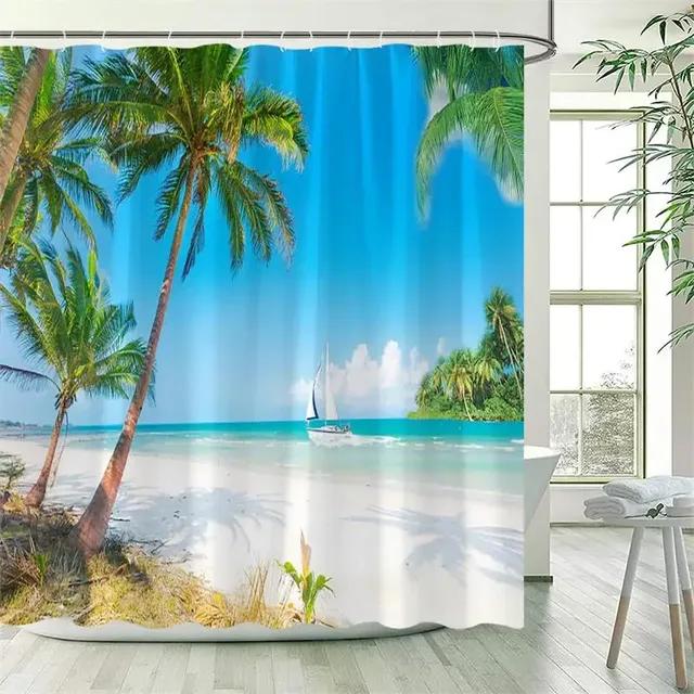 Ocean Landscape Shower Curtain Beach Palm Trees Parrots Dolphins Sea Waves Nature Scenery Bath Curtains Fabric Bathroom Decor