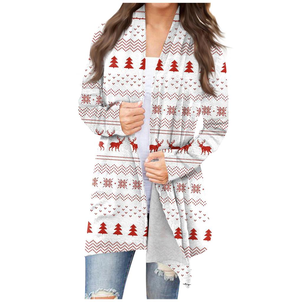 Women's Fashion Casual Christmas Print Medium Length Cardigan Jacket Coat