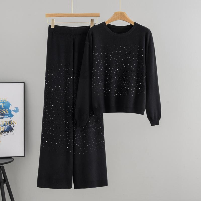 Autumn and Winter Gypsy Stars Hot Diamond Round Neck Pullover Long Sleeve Knitted Sweater Loose Knitting Two-piece Set Women