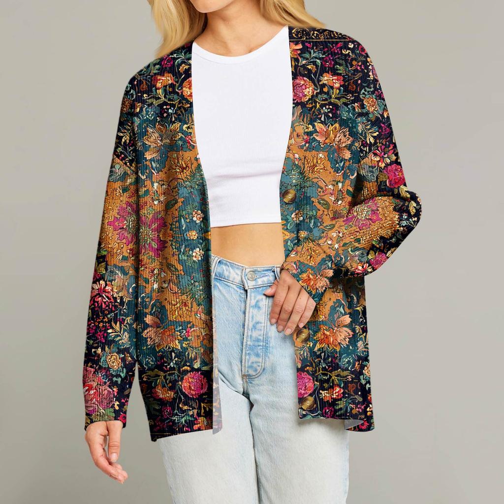 Женский модный кардиган с длинным рукавом, V-образным вырезом, на пуговицах, свободного кроя, с рождественским принтом