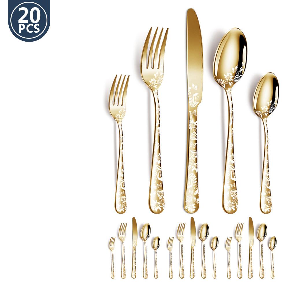 20 шт., набор столовых приборов из нержавеющей стали 410, черный, золотой, нож из нержавеющей стали, вилка, ложка, столовая посуда, набор столовых приборов, праздничная кухонная посуда, подарок