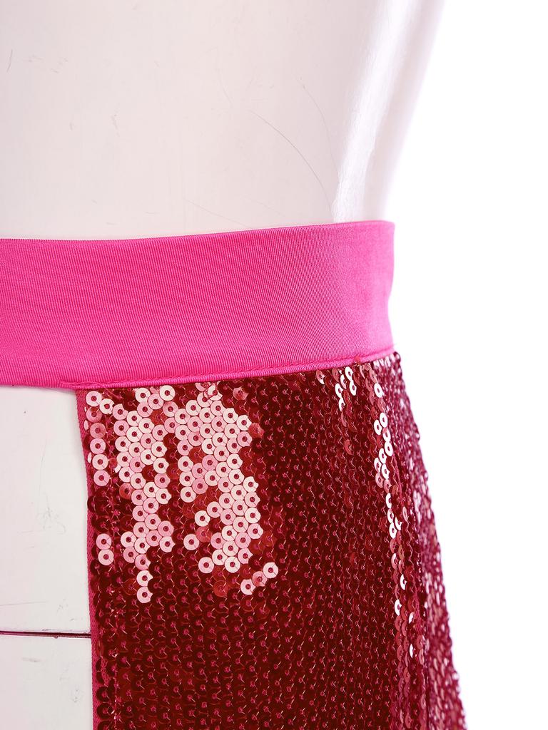 Womens Halloween Glitter Sequin Cowgirl Chaps Adjustable Waist Crotch Hollow Out Fully Lined Flared Pants