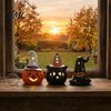 Cute Halloween Room Decoration Ceramic Tealight Holder, Lighted Ghost Pumpkin Figurine with Indoor Party Atmosphere Lamp Witch Hat, Tiered Tray