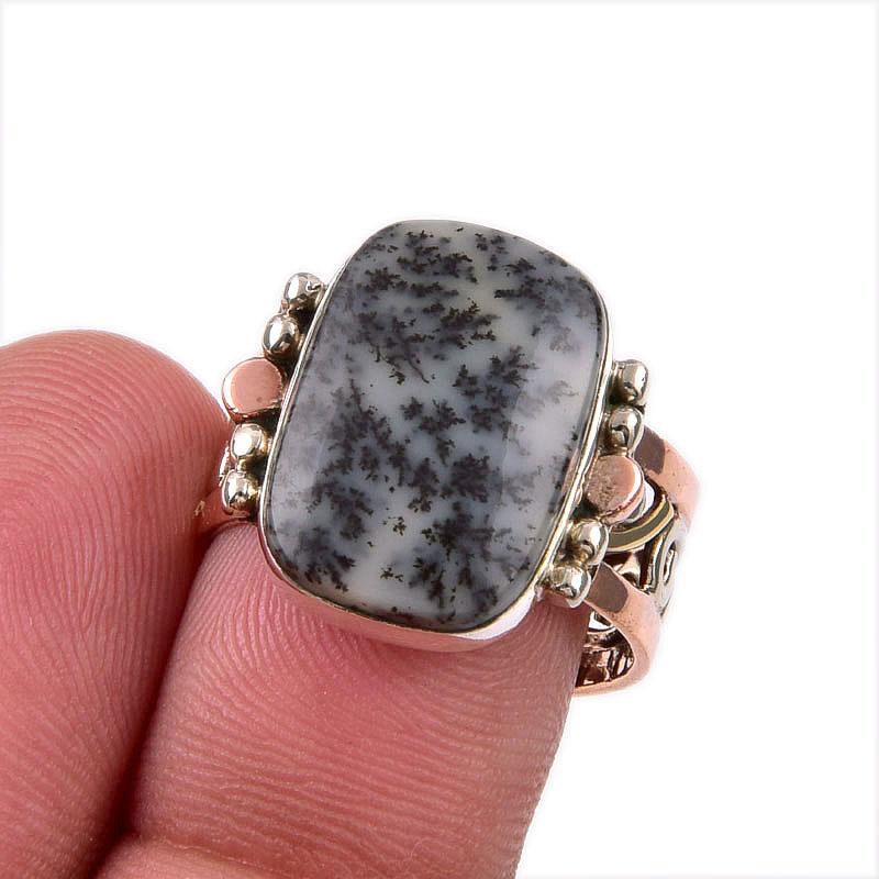 Natural Dendrite Opal Gemstone 925 Solid Sterling Silver Two Tone Ring S.8 Z0k66