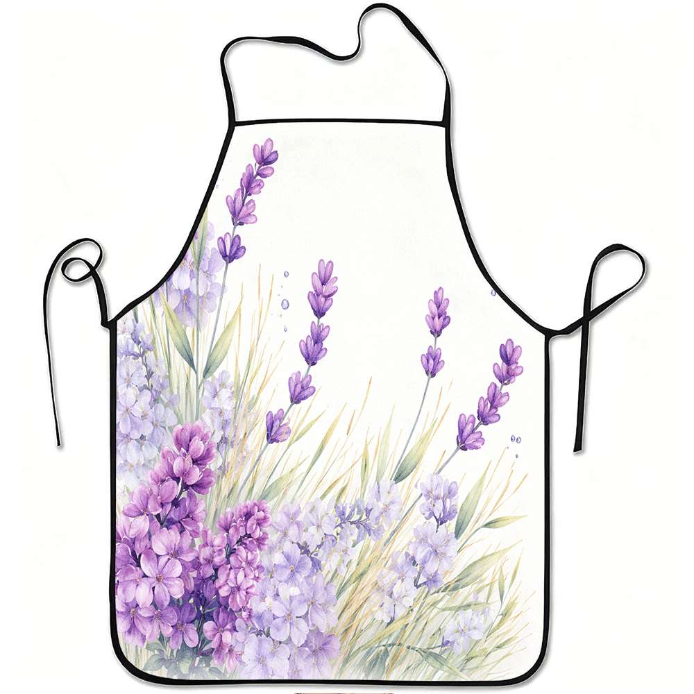 1pc Lavender Violet Floral Print Apron, Durable and Easy to Clean, Adjustable Waistband, Polyester Material, for Kitchen Cooking, Gardening, Orchard P