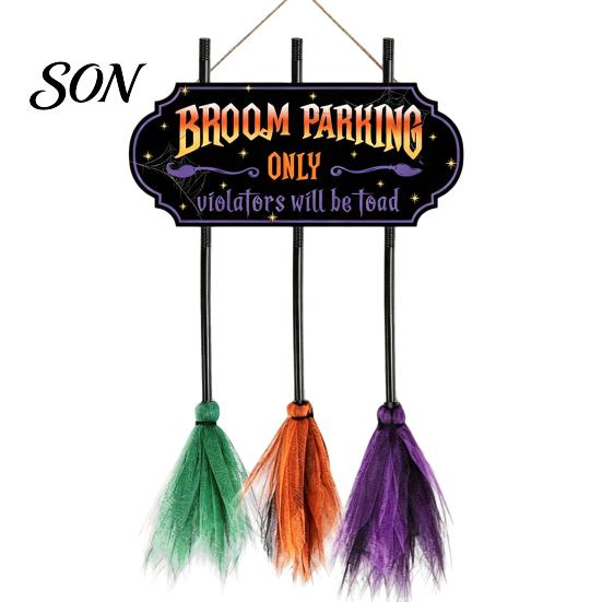 Reusable Farmhouse Entrance Signs Halloween Broom Parking Sign with 3 Witch Brooms, Hocus Pocus Themed Wooden Sign, Hanging Broomstick Holiday