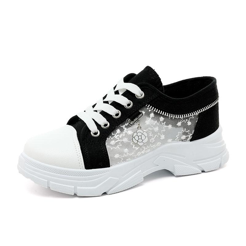 Мода Женская обувь Модная летняя повседневная обувь Вырезы Кружева Холст Полые дышащие Платформа Плоские туфли Женские кроссовки