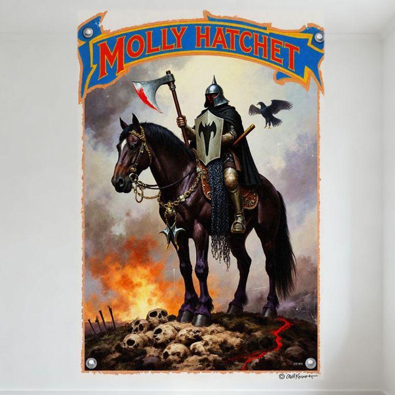Металлическая жестяная табличка Molly Hatchet Рыцарь на лошади, Декор стены в стиле темного фэнтези, Арт обложки рок-альбома, Средневековая сцена битвы с черепом и огнем