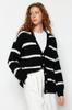 Women's Fashionable Stylish Cardigan Black Wide Fit Soft Textured Striped Knitwear Cardigan