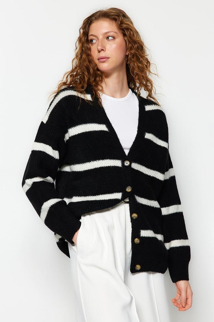 Women's Fashionable Stylish Cardigan Black Wide Fit Soft Textured Striped Knitwear Cardigan