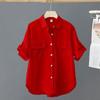Отложной воротник, розовая однотонная свободная рубашка с короткими рукавами и блузка, повседневная однобортная весенняя простая верхняя одежда OL