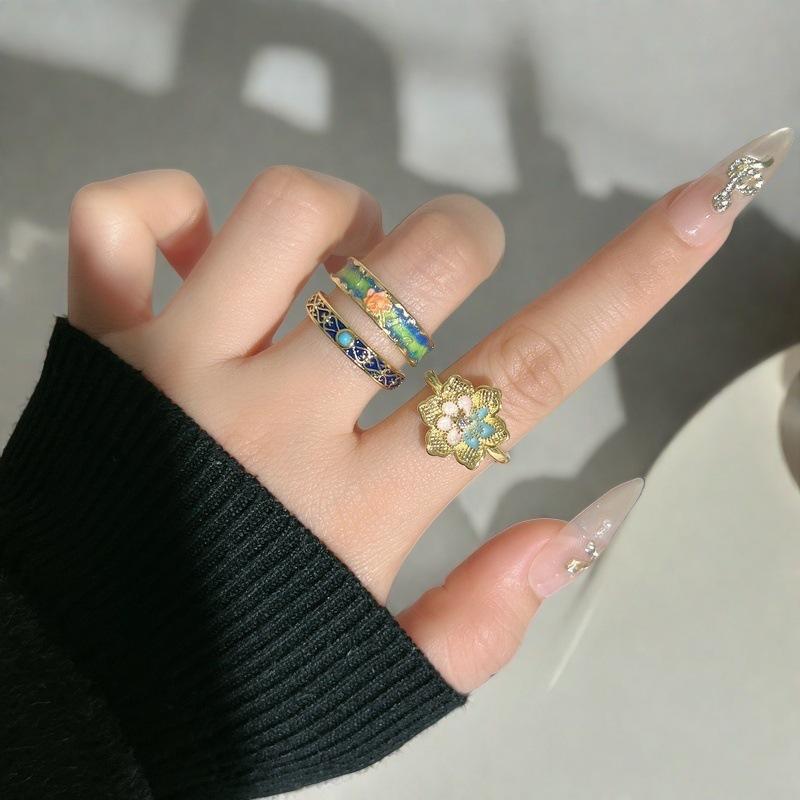 Новое Французское Ретро Цветок Эмаль Капающее Открытое Кольцо Темперамент Легкая Роскошь Высокое Чувство Нишевое Кольцо