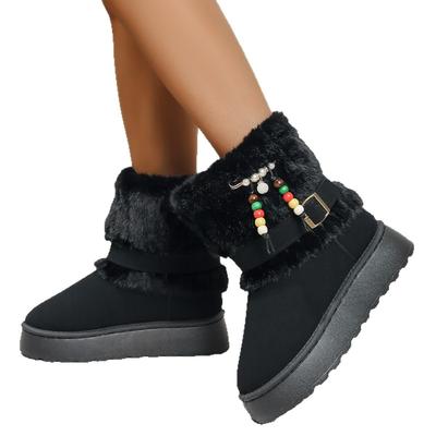 Мода 2025 Зимняя мода Искусственный мех Нескользящие Снежные ботинки Женские Цветная отделка бусинами Ботинки на толстой подошве Короткие плюшевые ботильоны