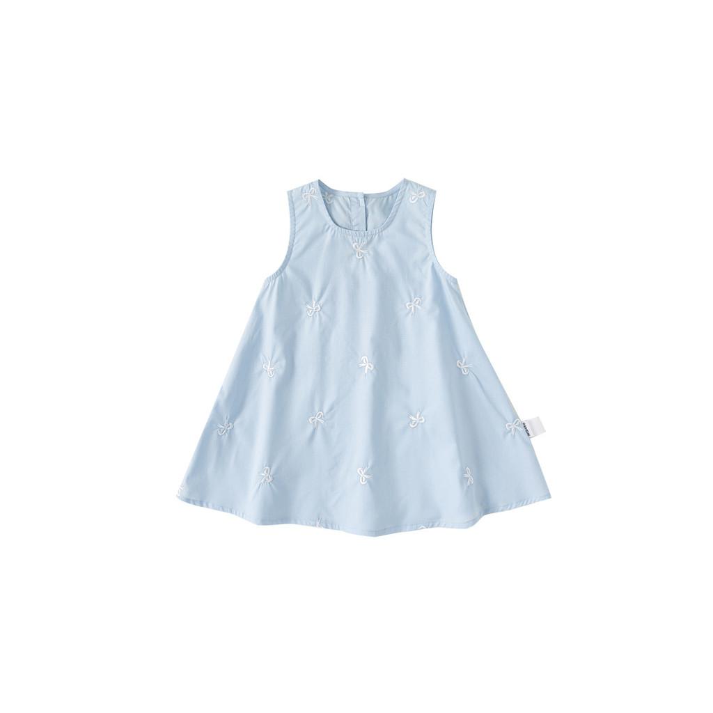 Girl Summer Cotton Sleeveless Dress With Bow Embroidery For Kids Age 3 To 8