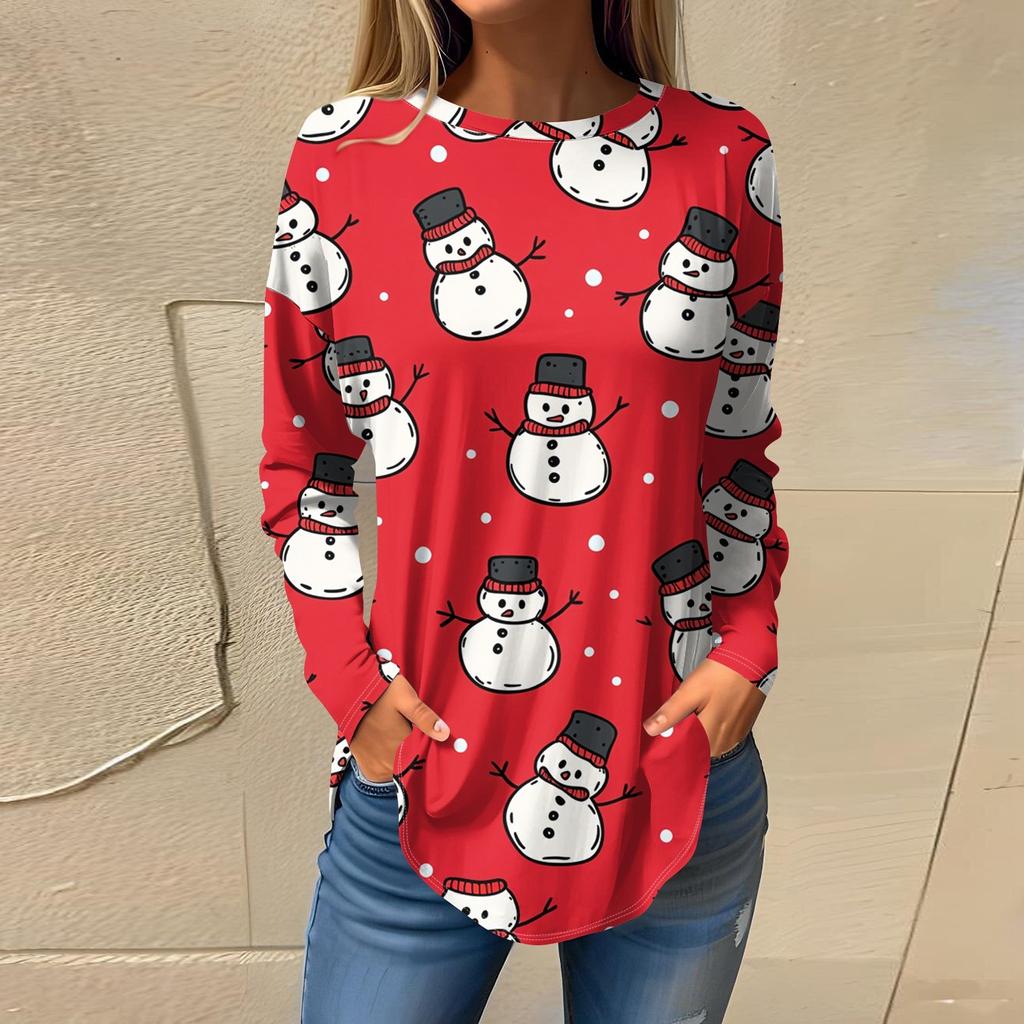 Футболки для женщин, повседневные рубашки с длинным рукавом, толстовка с винтажным графическим рождественским принтом, топ-пуловер