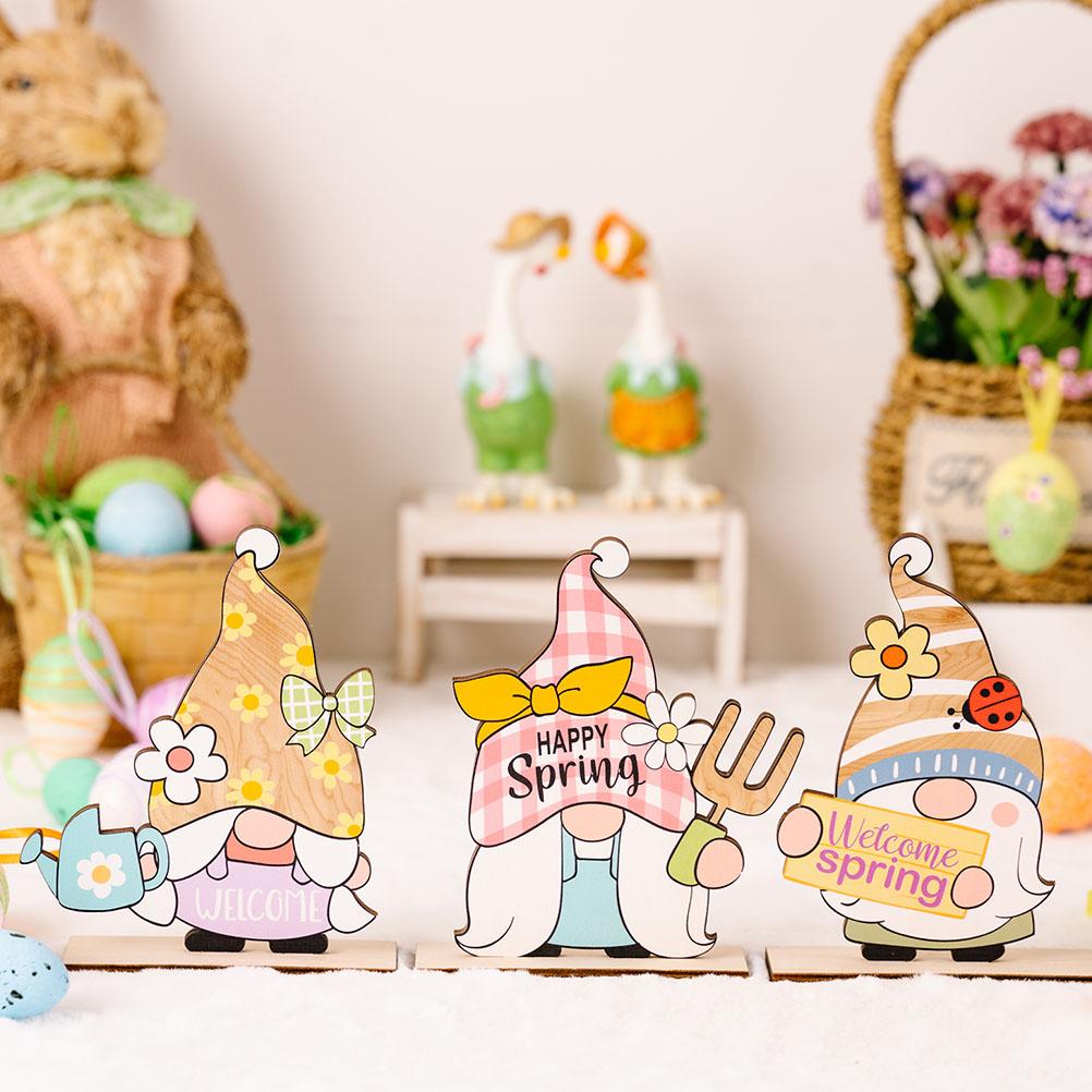 3pcs Adorable Gnome Ornament Wooden Easter Party Decor Creative Printed Dwarf Ornament