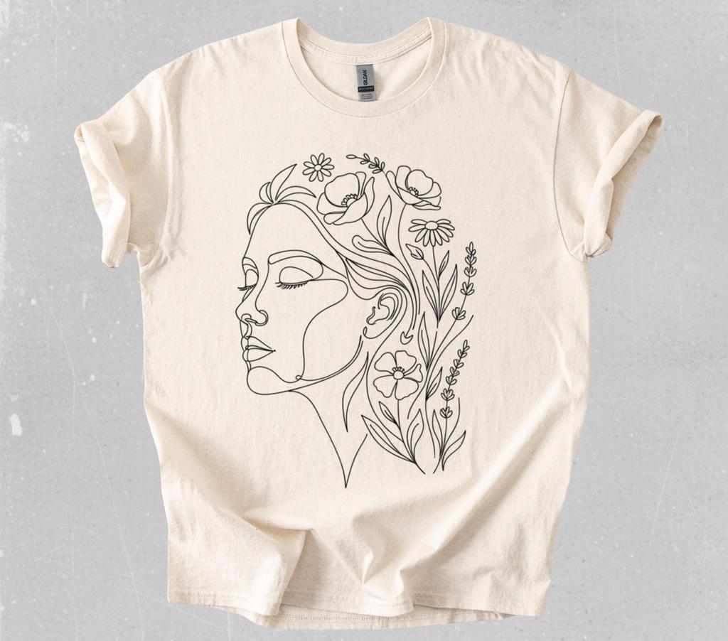 Minimalist Line Art Woman Face Shirt, Wildflower Botanical Tee, Abstract Boho T-Shirt, Aesthetic One Line Drawing, Nature Lover Gift