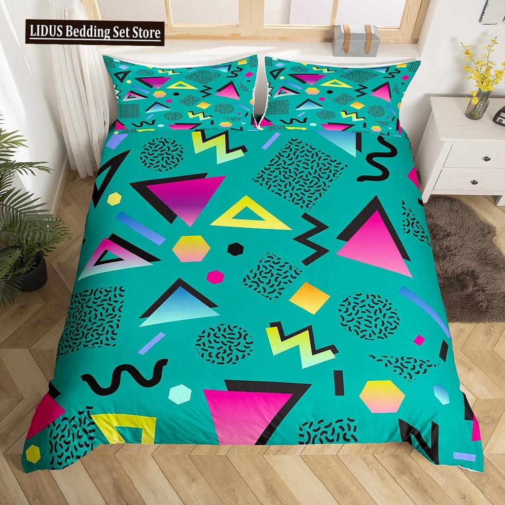 Retro Memphis Style Duvet Cover Set Galaxy Fashion Style Geometric Shapes Bedding Set Full,Hipster Old Fashioned Comforter Cover