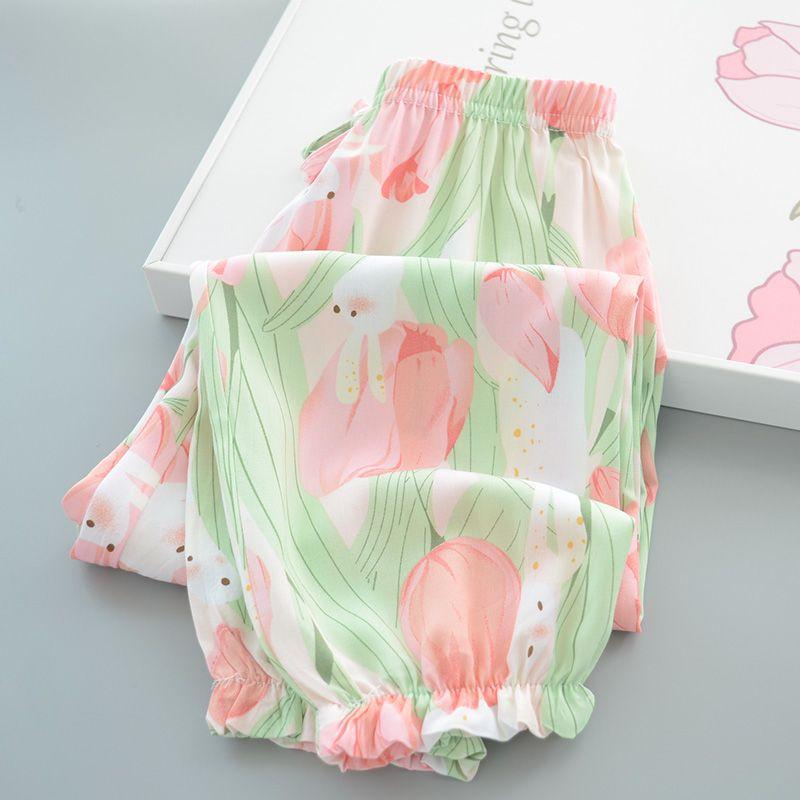 Летние брюки-фонарики из хлопка и шелка для девочек, детские легкие и дышащие брюки с защитой от комаров, детские спальные брюки с кондиционером