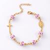Stainless Steel Virgin Mary Cross Bracelet Floral Ceramic Beads Catholic Miraculous Medal Jewelry