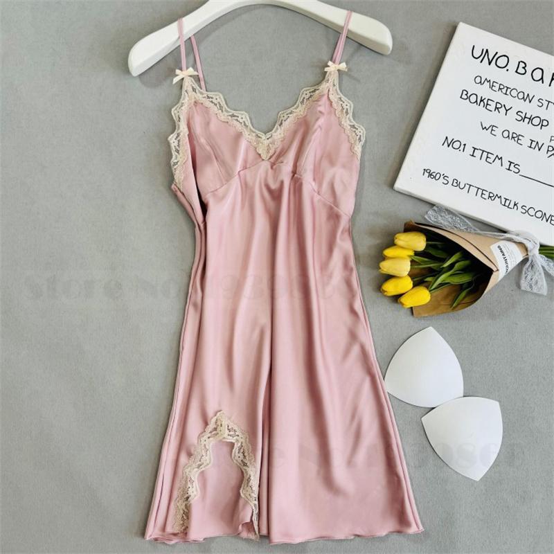 Sexy Lace Bathrobe Gown Nightdress Lingerie Summer New Female Nighty&Robe Set Nightgown Silky Satin Home Clothes Loungewear