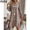 Женские модные весенне-осенние повседневные платья с леопардовым принтом, длинным рукавом, V-образным вырезом и свободной талией