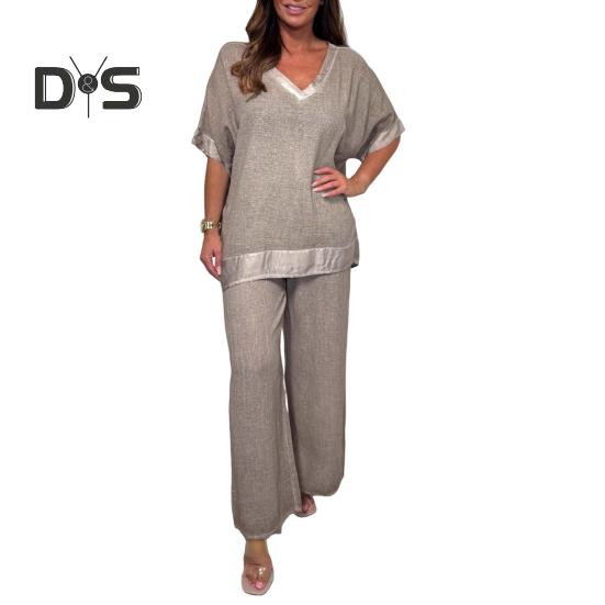 Женский повседневный комплект из двух частей, большой размер, топ с V-образным вырезом и короткими рукавами, широкие брюки, летний свободный комплект для отдыха
