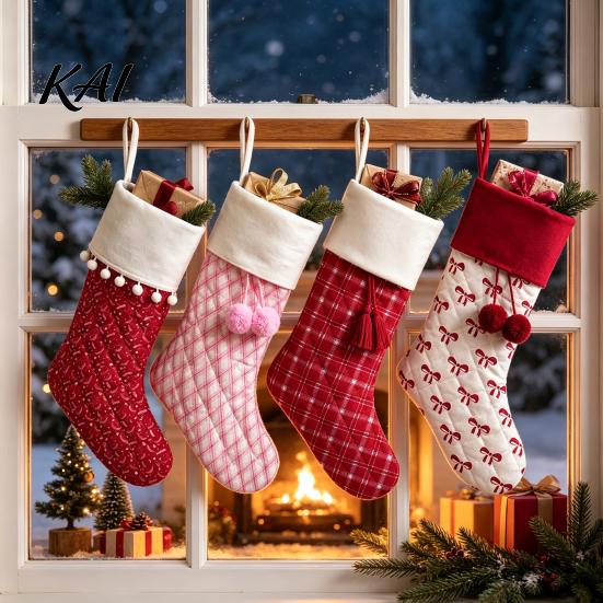Checkered Gift Holders Christmas Stockings, 18 x 10 Inch Large Quilted Hanging Rustic Xmas Bags Decorative for Fireplace Indoor Holiday Party