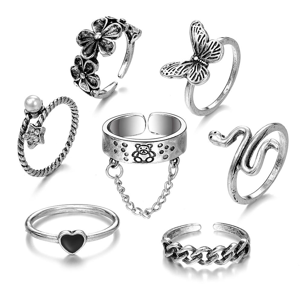 Модное кольцо с цепочкой-бабочкой и змеей из 7 предметов Love Deluxe, модное элегантное винтажное кольцо с ромбом, резное кольцо с милым котом, комплект колец с подвесками